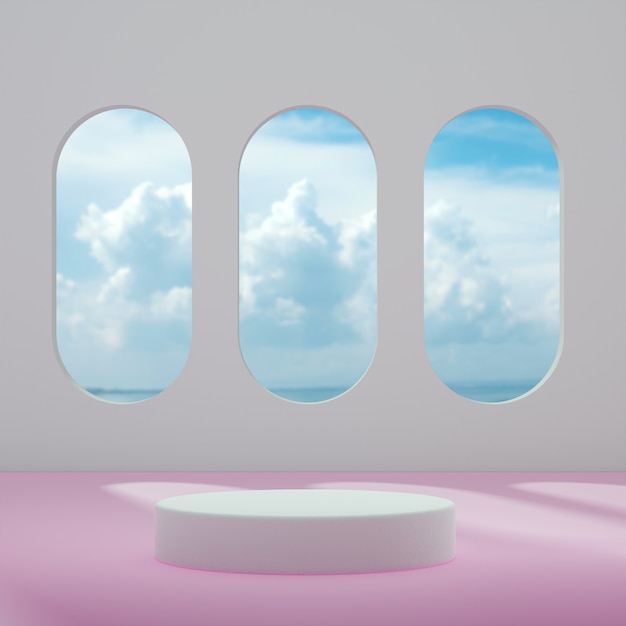 Podium stand on pink white ocean sky background