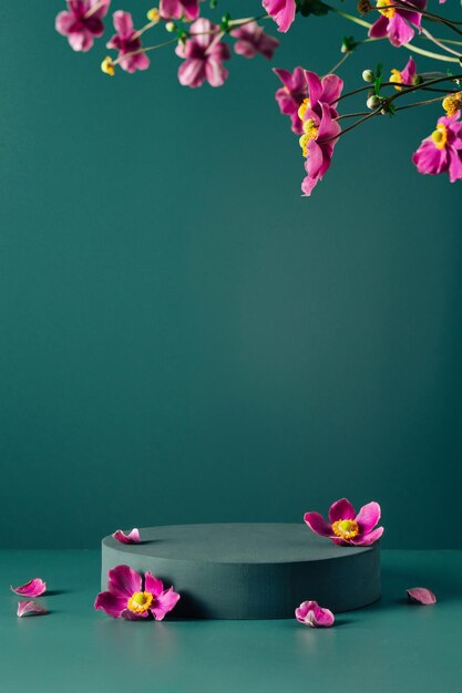 Podium stand showcase and brigth purple flowers on dark teal background