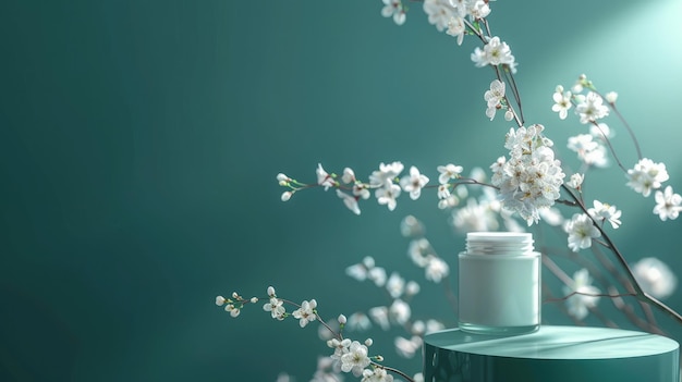 Podium stand showcase en delicate witte bloemen op donkere blauwe achtergrond Scene om cosmetische producten te tonen