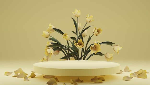 Podium, stand, showcase on pastel light, background and flowers. for premium product with nature plant, leaves.3d render.