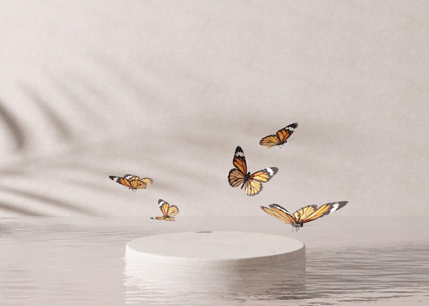 Podium standing in water with flying butterflies on cream background Beautiful mock up for product cosmetic presentation Pedestal or platform for beauty products Empty scene stage 3D rendering