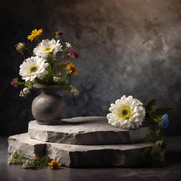 Photo podium stone with flowers and copy space