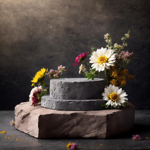 Podium stone with flowers and copy space