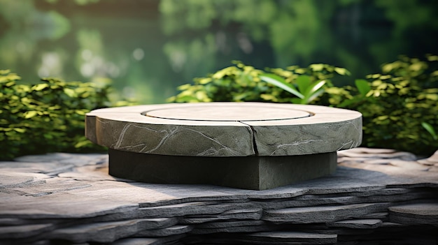Podium van natuursteen en beton op een natuurlijke groene achtergrond voor productpresentatie