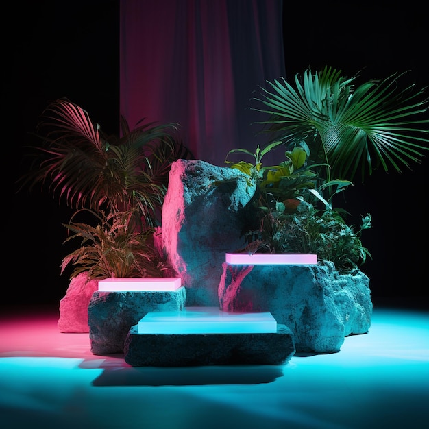 Podium van natuursteen, marmer en rots met neon en planten in een aquatische omgeving voor productpresentatie