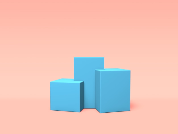 Podium, voetstuk of platform blauwe kleur op roze achtergrond. Abstracte illustratie van eenvoudige geometrische vormen. 3D-weergave.