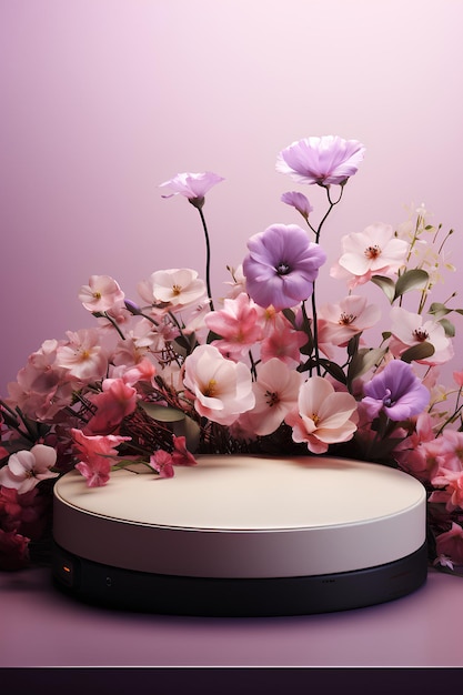 Foto podium voor product met bloemen op een pastelleven achtergrond