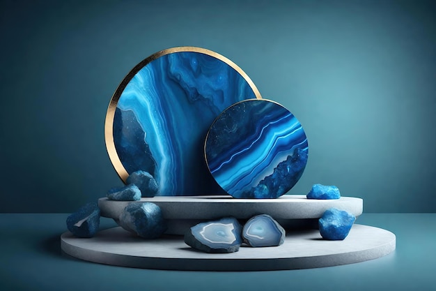 Podium with agate stone elements and blue background