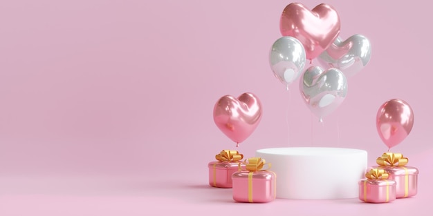 Podium with balloons in the shape of heart 3d illustration