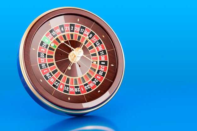 Podium with casino roulette on blue background 3d rendering