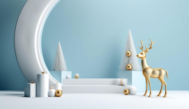 Podium with christmas decoration by deers in the style of light gray and gold AI generated