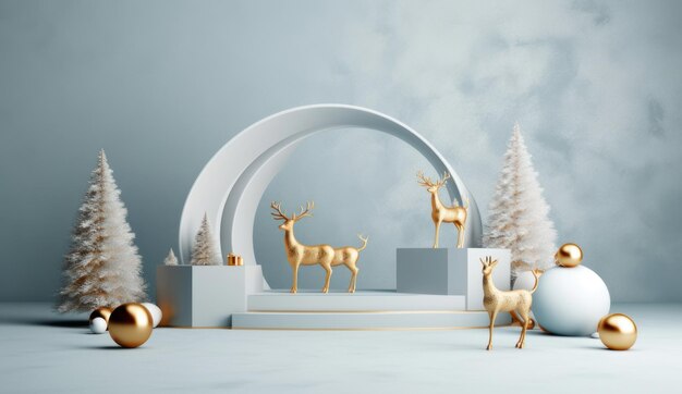 Podium with christmas decoration by deers in the style of light gray and gold AI generated