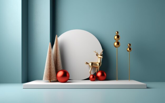 Photo podium with christmas decoration by deers in the style of light gray and gold ai generated