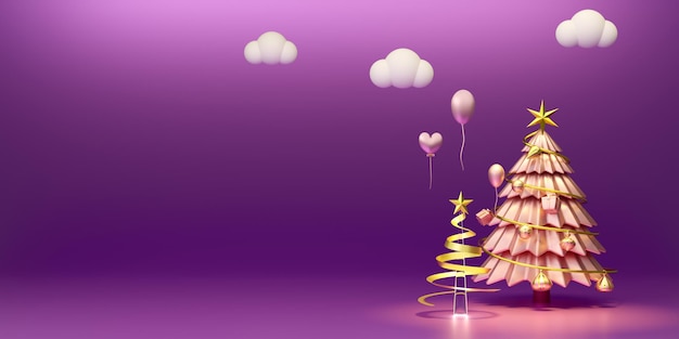 Podium with Christmas tree and ornaments in purple or violet composition for modern stage display and minimalist mockup Concept Christmas and a festive New Year 3d illustration or 3d render