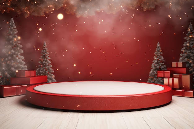 Podium with christmas tree and presents on red background