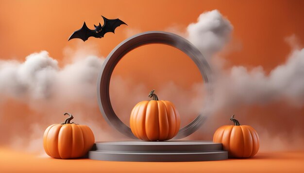 podium with cloud smoke on orange background Flying bat and pumpkin