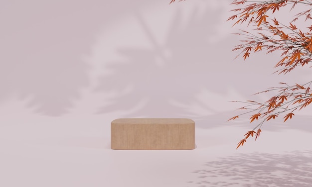 화려한 파스텔 배경과 나무 또는 잎이 있는 연단은 광고 디스플레이 3D 렌더링에 서 있습니다.