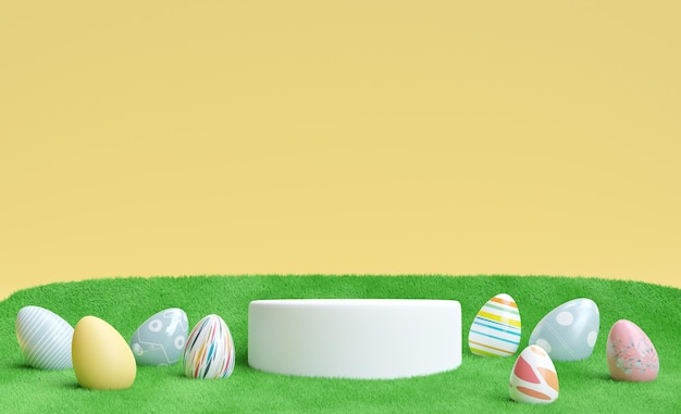 Podium with easter egg on grass for product presentation 3d rendering