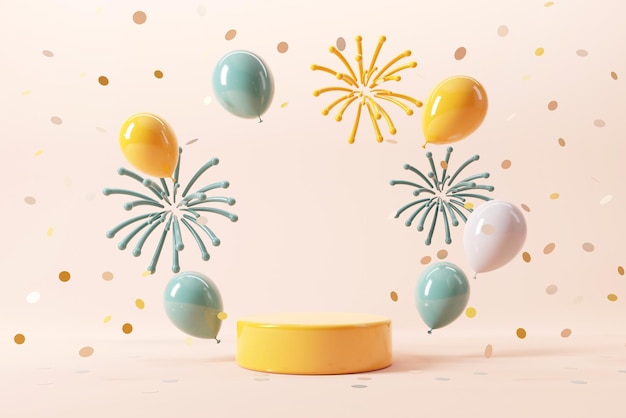 Photo podium with fireworks and falling shiny confetti and balloon on white background