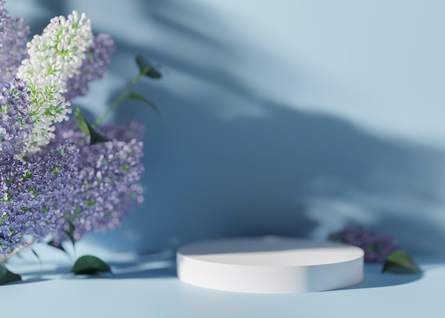 Podium with flowers on the blue background Elegant podium for product cosmetic presentation Mock up Summer or spring mood blossom Pedestal platform for beauty products 3D rendering