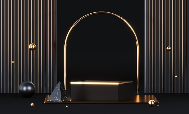 Podium with geometric shapes and gold elements. Abstract blank pedestal, display platform. Premium Photo