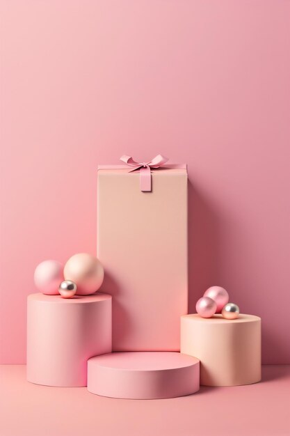 Podium with gift boxes and balls on pink background made with generative ai