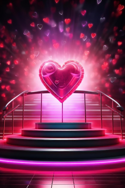 Photo podium with a glowing neon heart backdrop for a valentines day announcement ai generated illustration