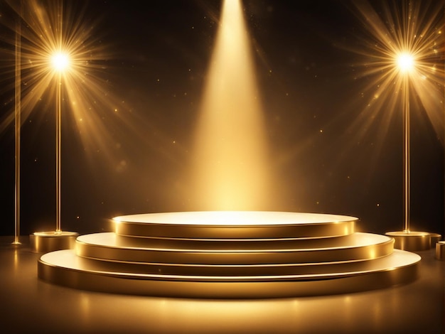 Podium with golden light lamps background Golden light award stage with rays and sparks