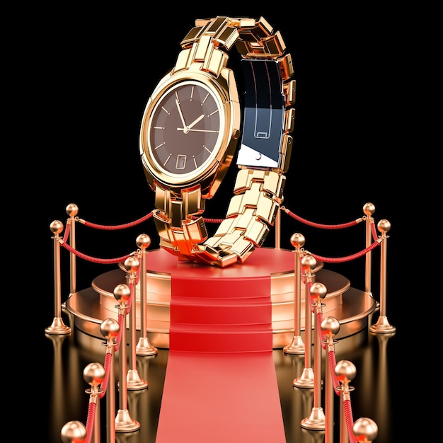 Photo podium with golden wrist watch 3d rendering