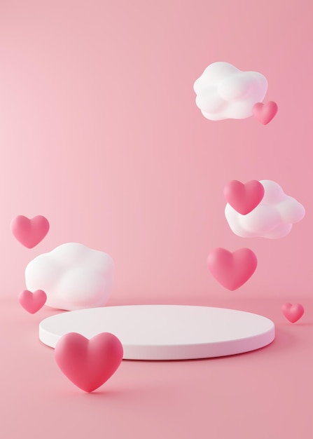 Podium with hearts and clouds flying in the air Valentine's Day Mother's Day Wedding Podium for product cosmetic presentation Mock up Pedestal or platform for beauty products 3D render
