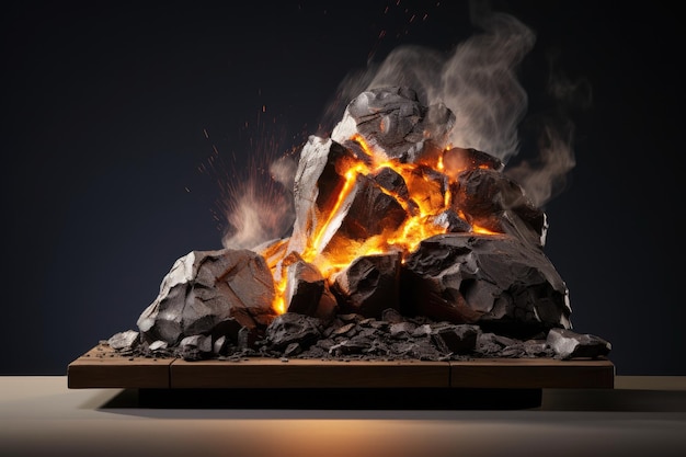 Podium With Lava Rocks And Volcano Eruption For Product Display