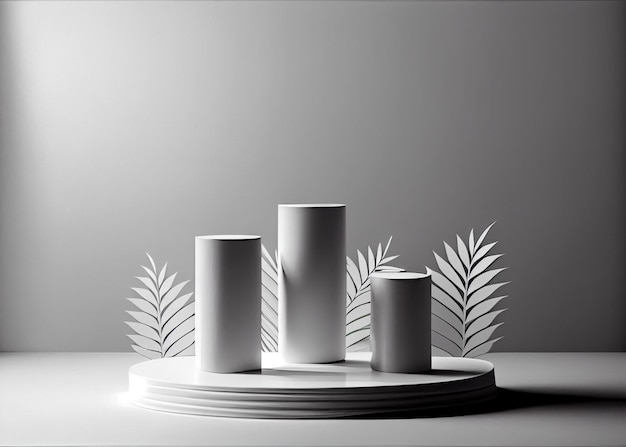 Podium with leaves white composition 3d render AI Generated