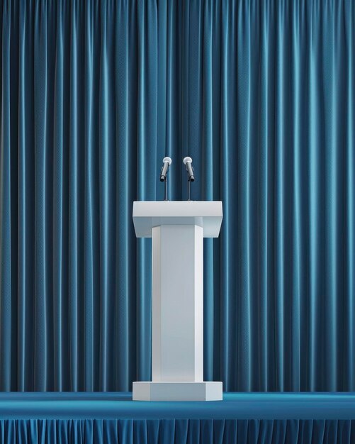 A podium with microphones against the background of blue curtains