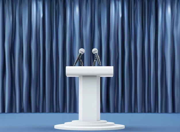 A podium with microphones against the background of blue curtains