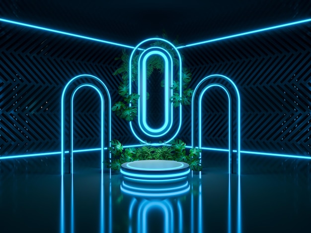 Podium with naturel for product display Neon Blue light abstract futuristic background 3d render