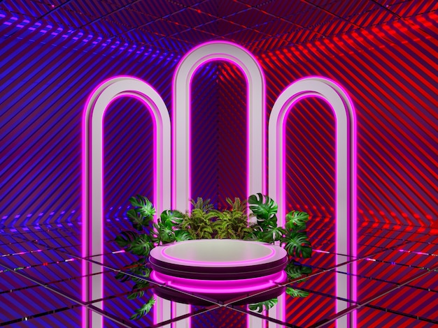 Podium with naturel for product display neon light abstract futuristic background neon circle 3d render