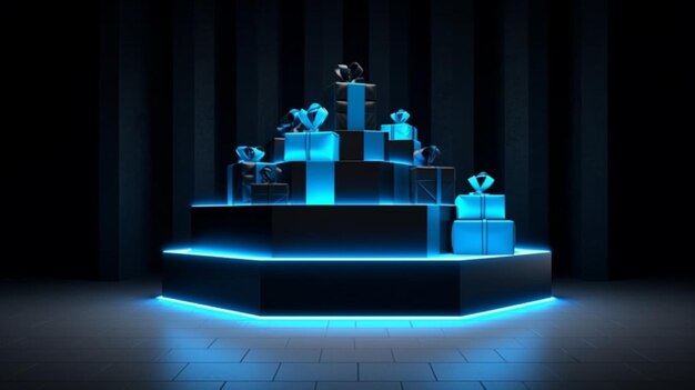 Podium with neon blue to place products black friday Generative AI