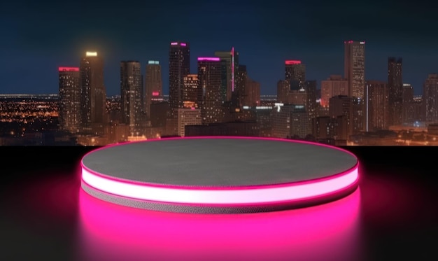 A podium with a neon light on it and a city skyline in the background.