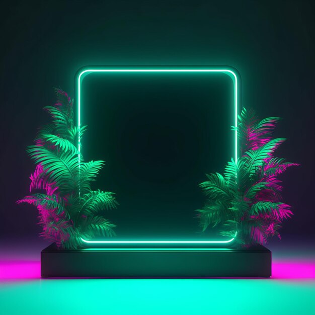 Photo podium with palm trees and neon lights