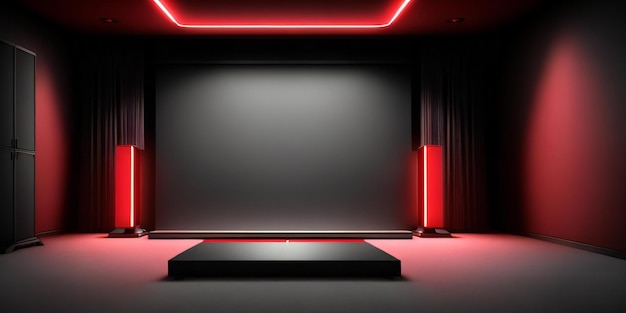 a podium with red lights in a dark room