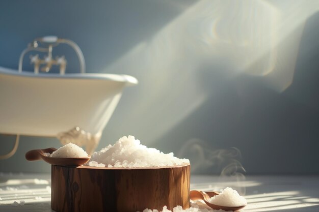 Photo podium with salt scrubs clawfoot tub silhouette hazy in background