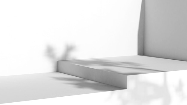 Podium with shadow on wall white room  3D rendering