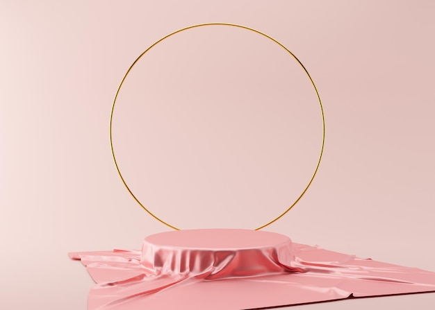 Podium with silk material and golden ring on the pink background 3D rendering Elegant podium for product cosmetic presentation Mock up Pedestal or platform for beauty products