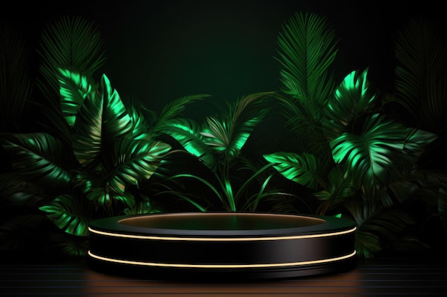 Podium with tropical exotic leaves background Natural template for product advertisement
