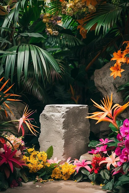 Podium with tropical flowers palm leaves