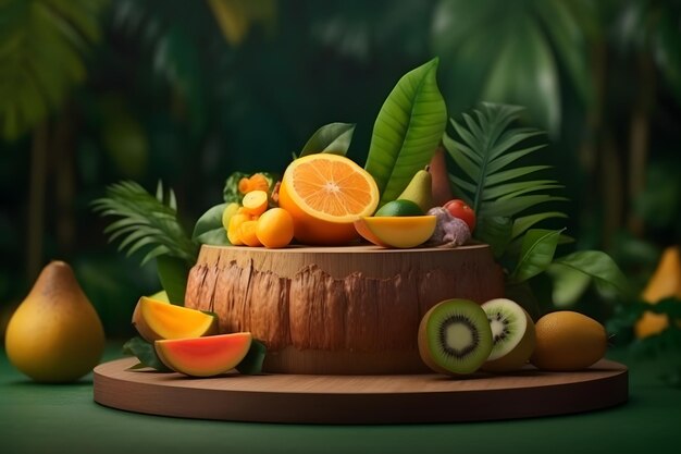 Podium with tropical island background and exotic fruits theme Generative AI