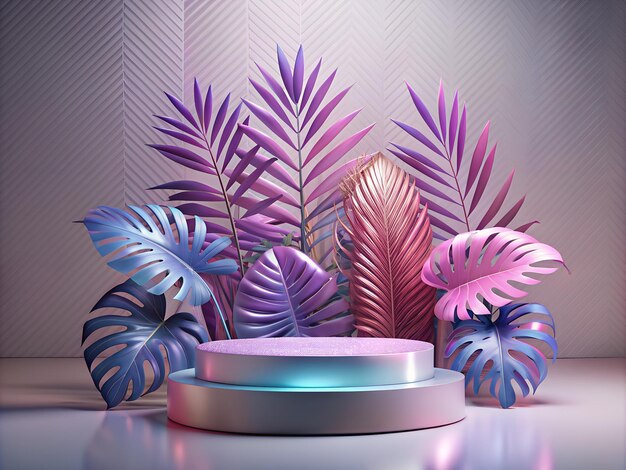 Podium with tropical leaves on white background