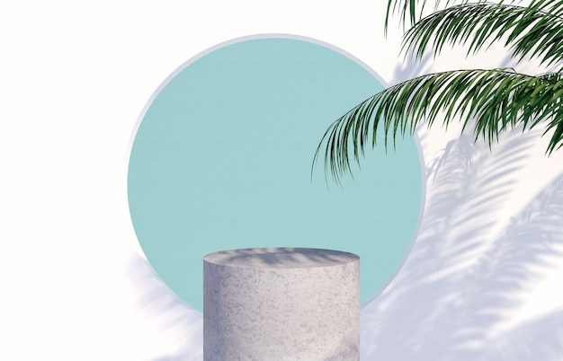 Podium with tropical palm tree leaves shadow for cosmetic product display.  3d rendering.