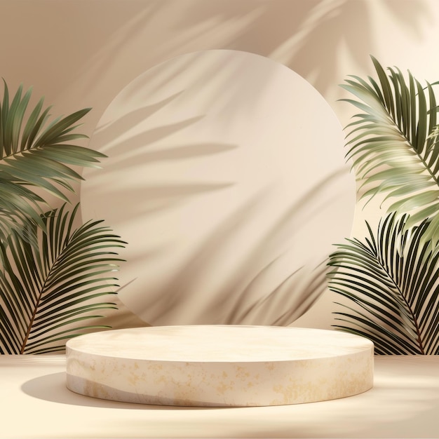 Photo podium with a tropical plant in the background for branding mockups cosmetics beauty products