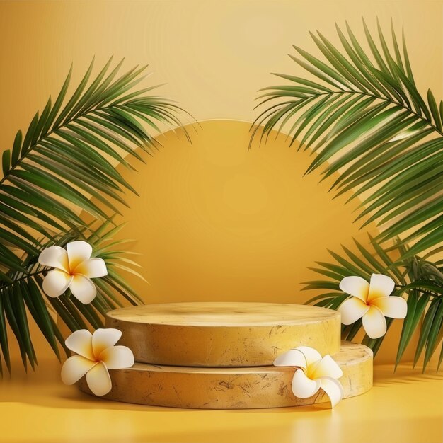 Photo podium with a tropical plant in the background for branding mockups cosmetics beauty products